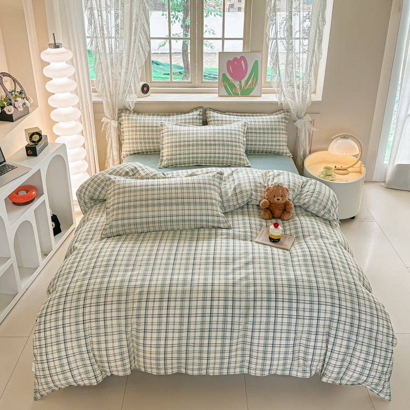 Linen Duvet Cover - 4PCS Green Plaid Bedding Set, Soft